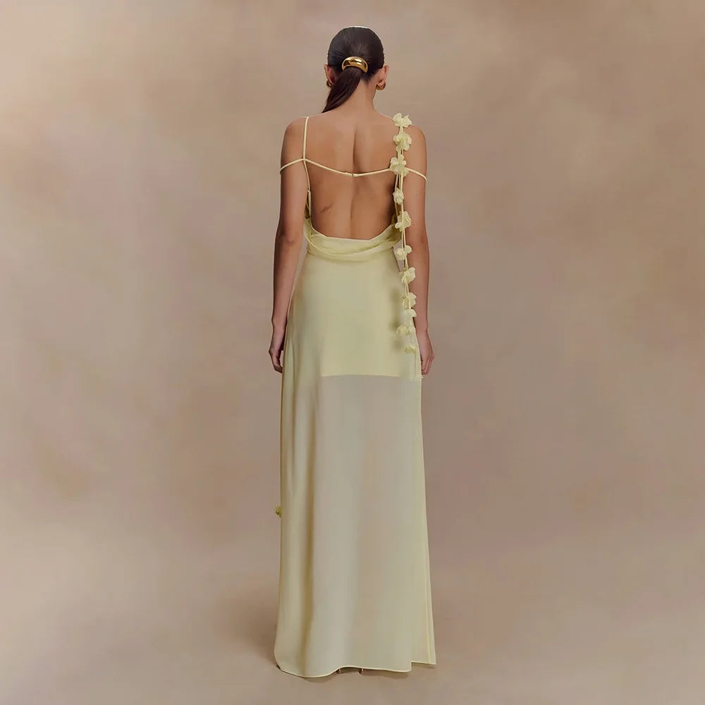 Solid Cowl Neck Chiffon Gown | Backless Tie-Flower Slip Dress