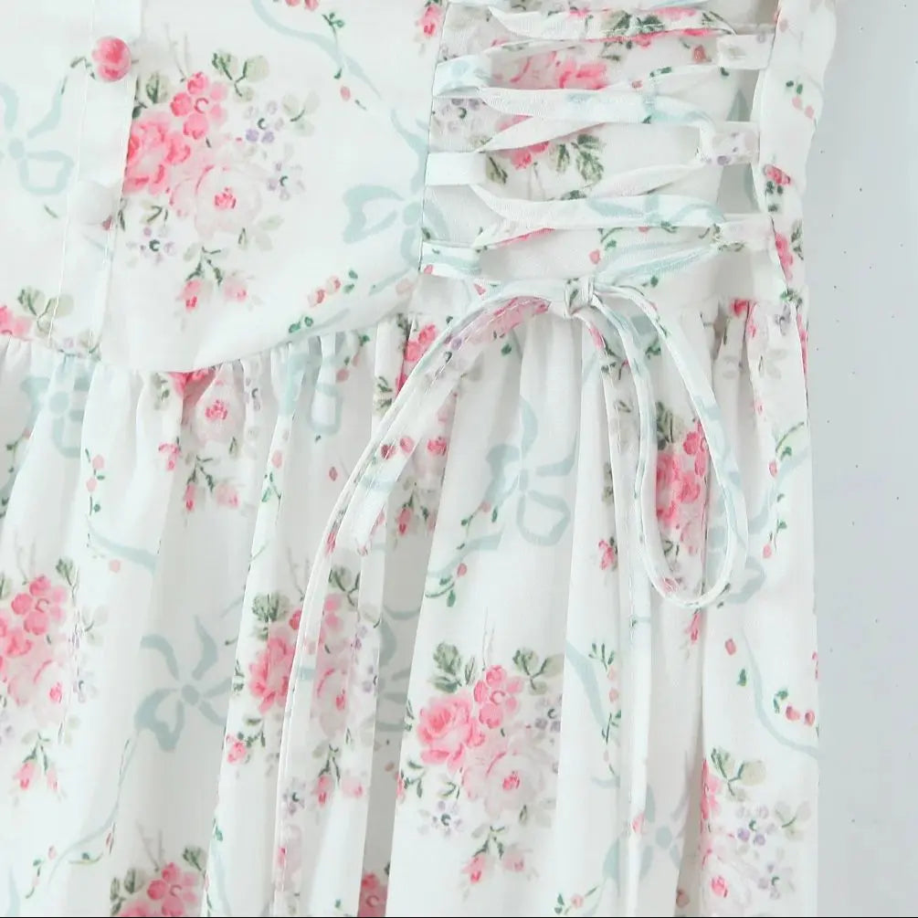 Floral Print Sleeveless Summer Dress – O-Neck Buttoned Swing Dress with Bow & Lace-Up Detail