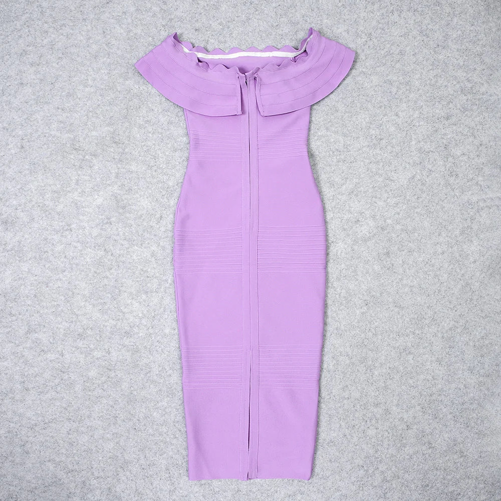 Blue Ruffle Off-Shoulder Bandage Midi Dress | Sculpted Guest Look