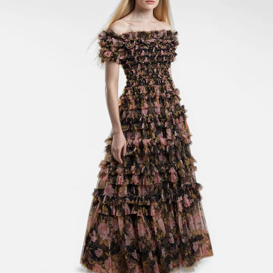 Print Ruffle Mesh Off-shoulder Maxi Dress