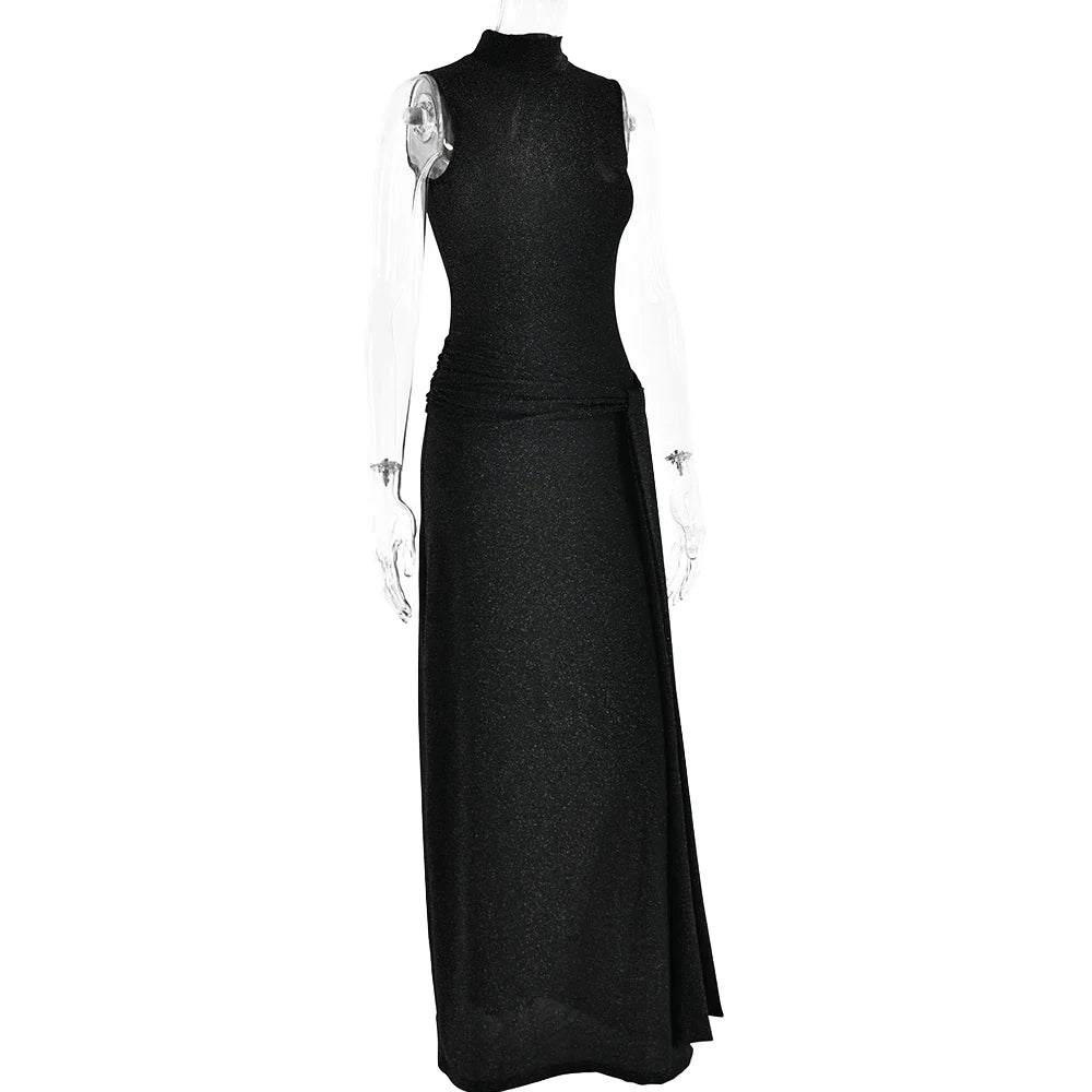 Shiny High-Neck Sleeveless Wrap Maxi Dress