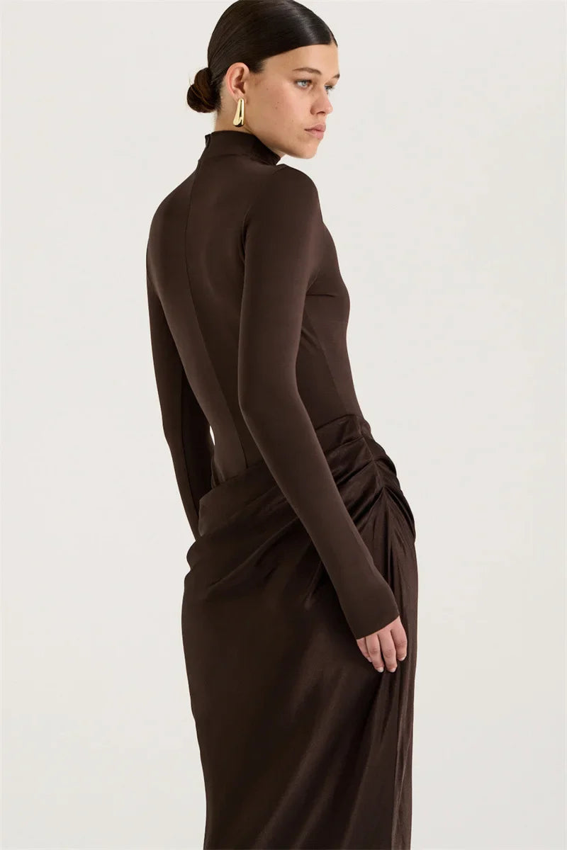 Turtleneck Ruched Maxi Dress | Sleek Fall Evening Look