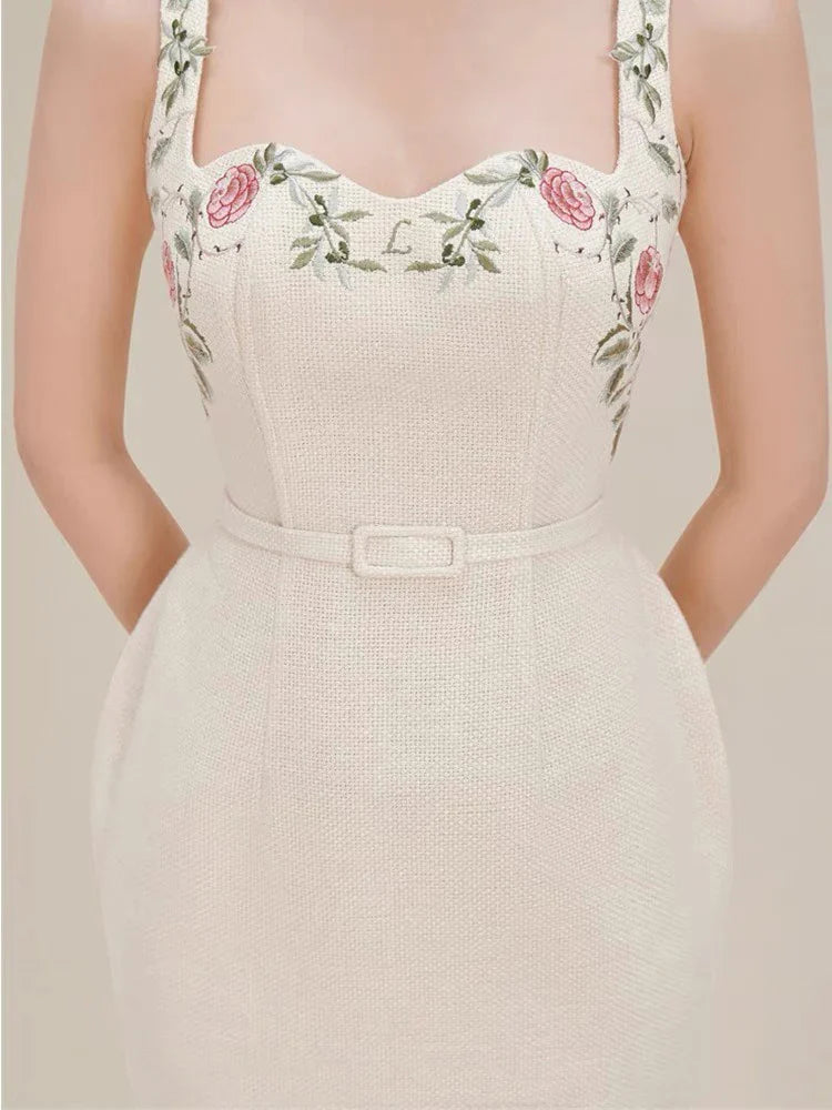 Beige Floral Embroidery Belted Sleeveless Midi Dress