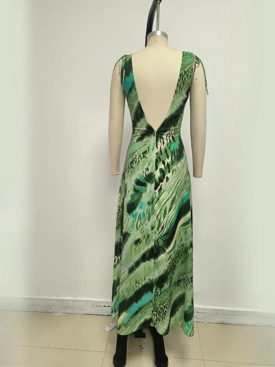 Green Printed Cowl Tie Up Maxi Dress