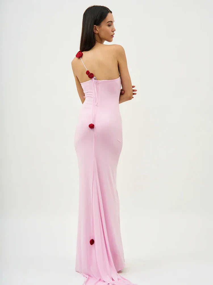 Pink 3D Flower Diagonal Strap Maxi Dress