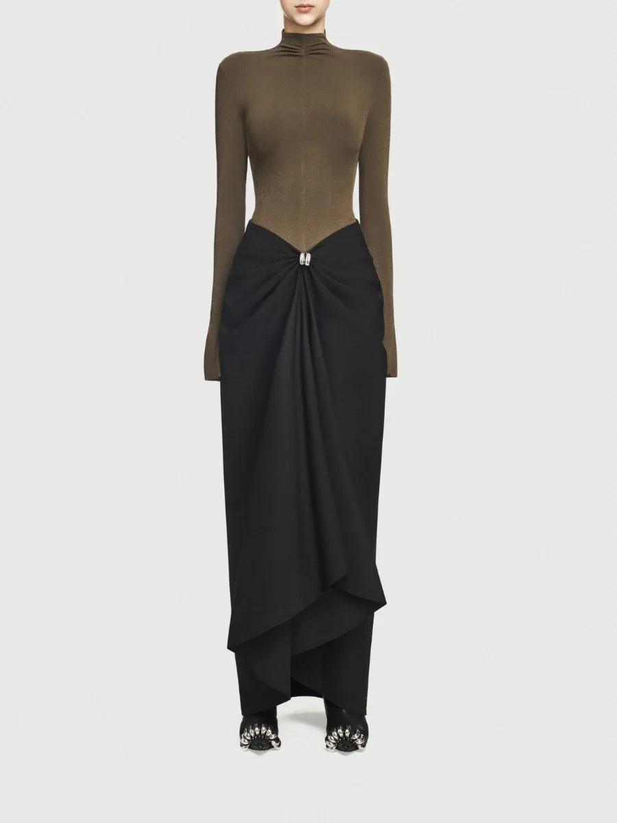 Long Sleeve Turtle Neck And Satin Hook Maxi Skirt Set