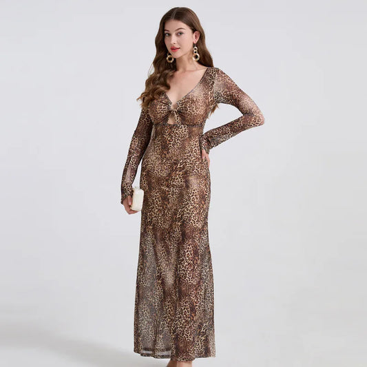 Leopard Print Long Sleeves V-neck Maxi Dress