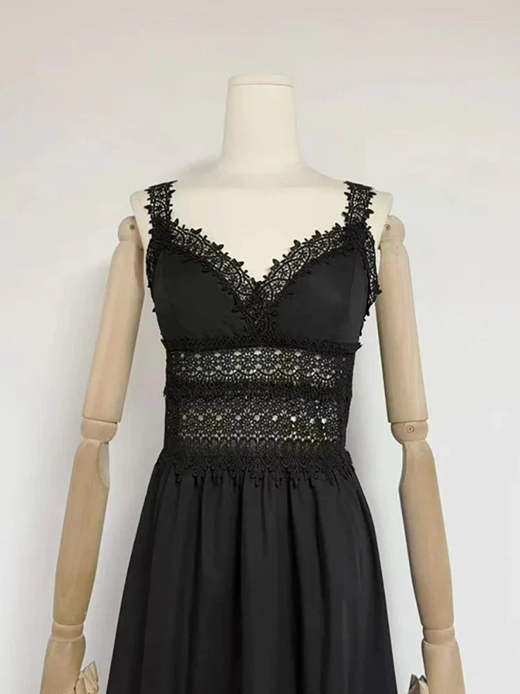 Black White Lace Patchwork Dress | V Neck Sling A-Line Gown