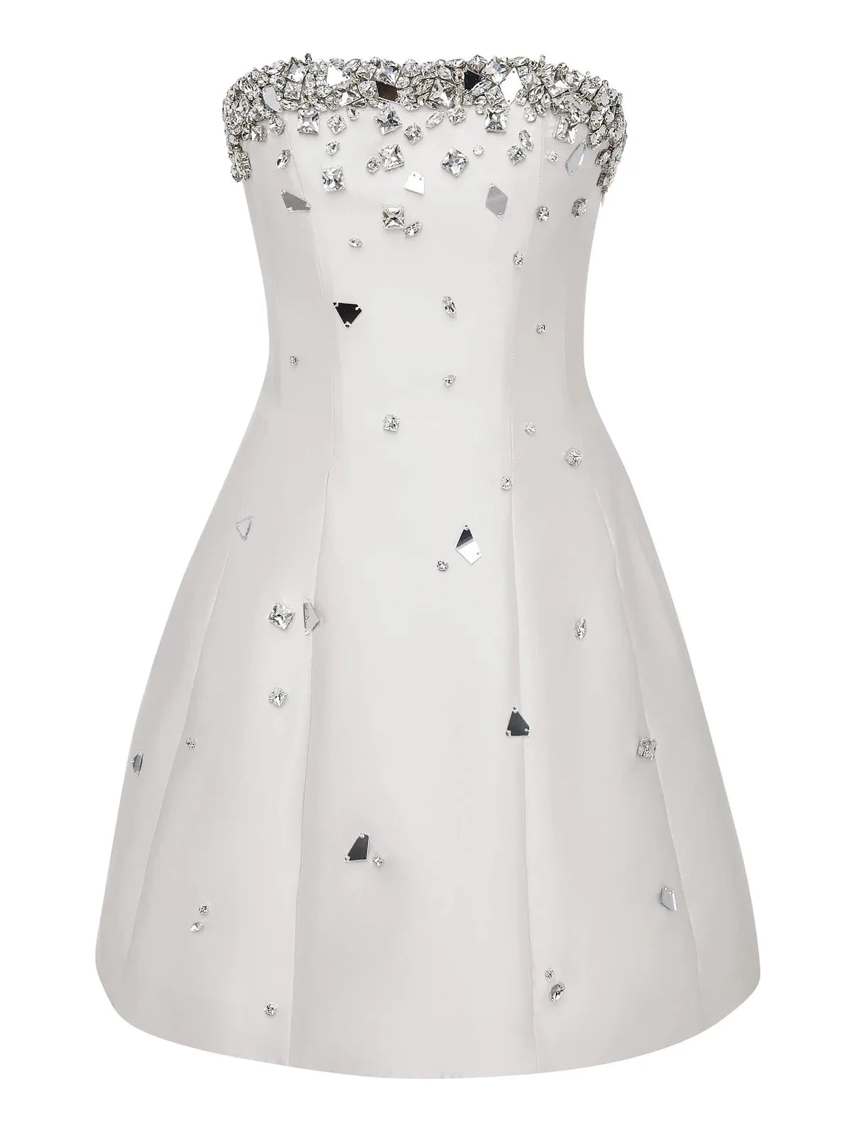 White strapless dress with crystal embellishments on a white background