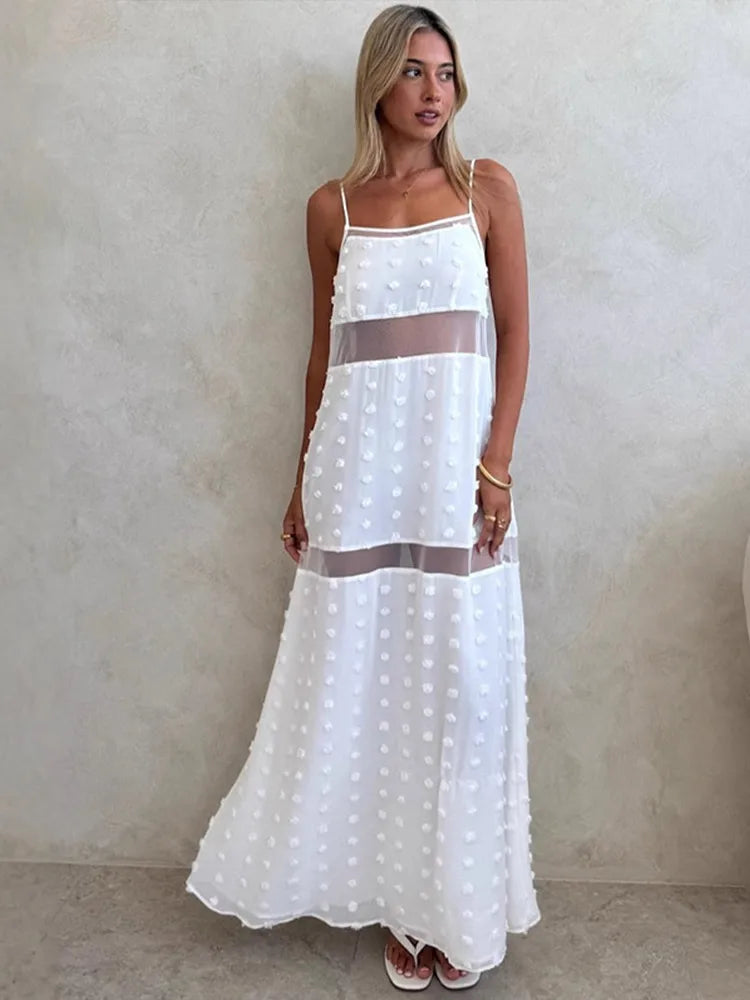 White Lace Strapless Long Dress – Patchwork Tube Dress for Summer Beach & Party