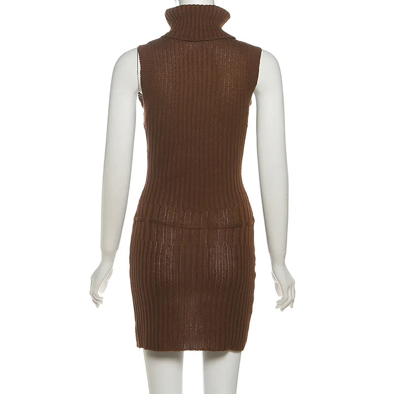 Turtleneck Knitted Drawstring Mini Dress