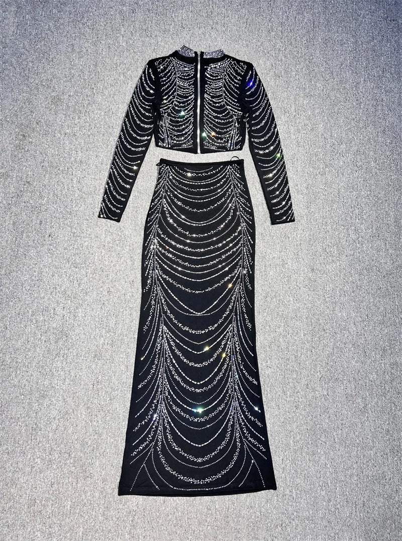 Black Sequin Crop Top & Maxi Skirt Set | Luxe Gala Party Look