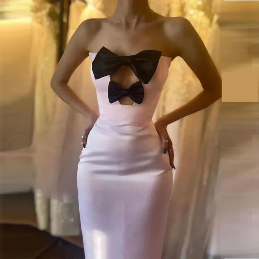 Pink Strapless Bandage Mid-Calf Dress