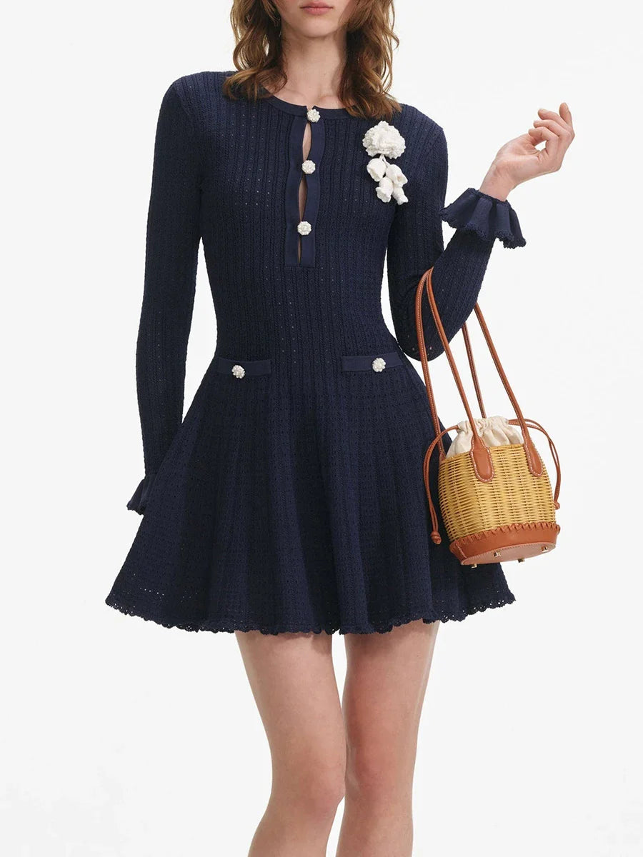 Knit Flower Appliqué Long Sleeve Mini Dress
