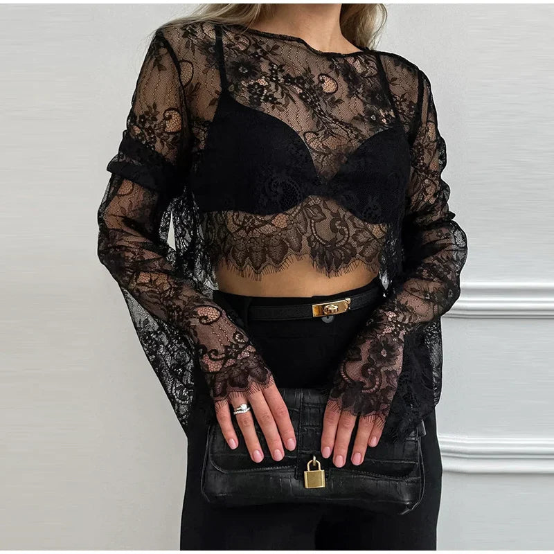 Black Lace Top and Long Skirt Set – Sheer Streetwear Co-Ord for Women