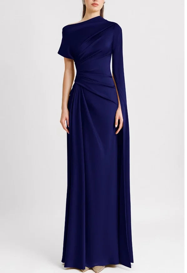 Navy blue evening gown with a draped design on a white background