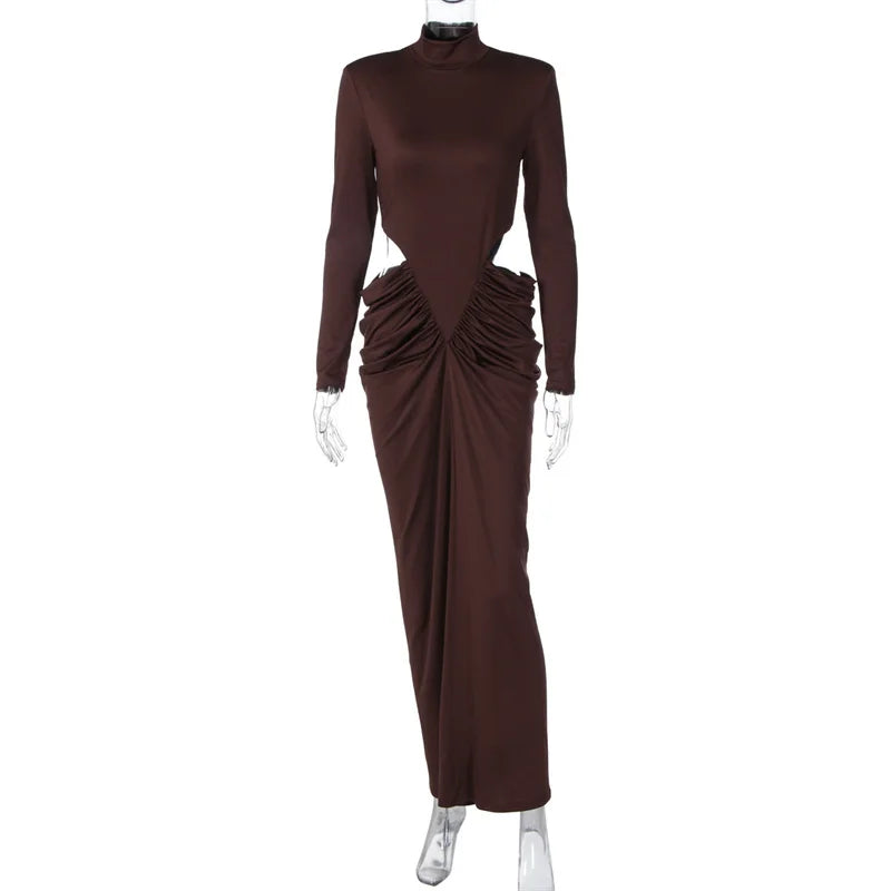 Brown Ruched Turtleneck Gown | Red Carpet Floor-Length Elegance