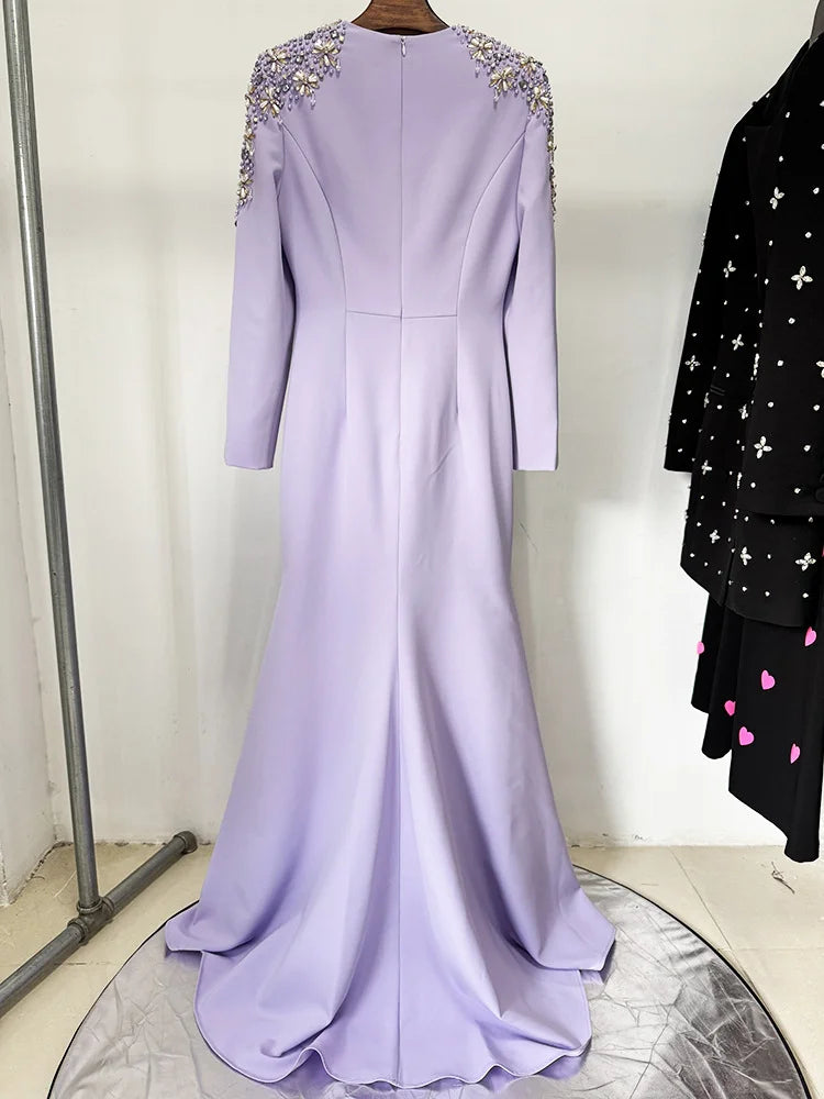 Elegant Diamond Beaded Sleeve Lilac Maxi Dress – Mermaid Silhouette Evening Gown