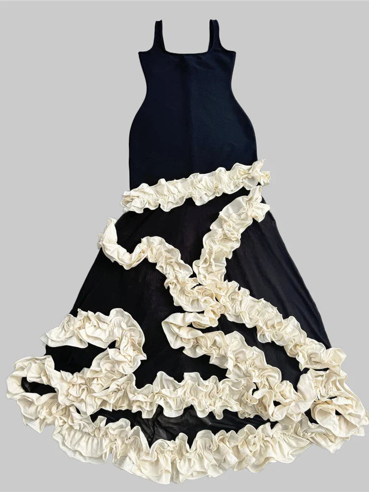 Black Sling Ruffles Patchwork Dress | Spaghetti Strap Maxi Gown