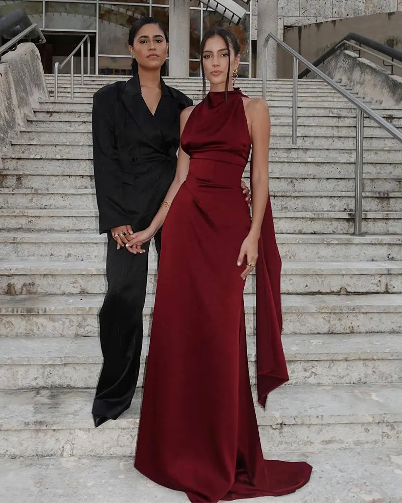 Burgundy Satin Halter Gown | Elegant Open-Back Evening Dress