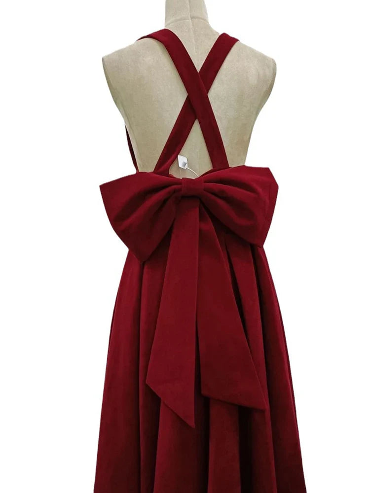 Burgundy Bow Backless Hollow Out A-Line Dress | O Neck Evening Gown