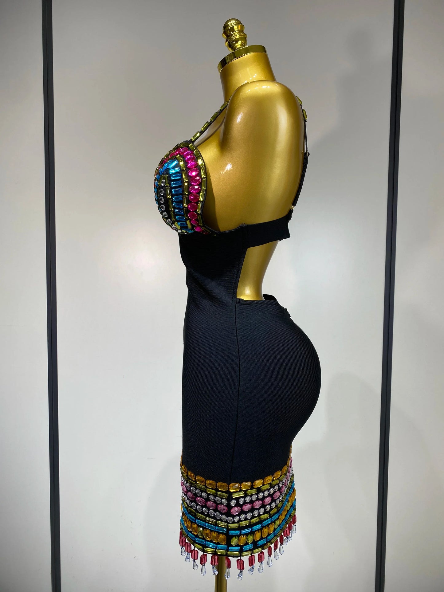 Black Sparkly Colorful Diamonds V-Neck Bodycon Mini Dress