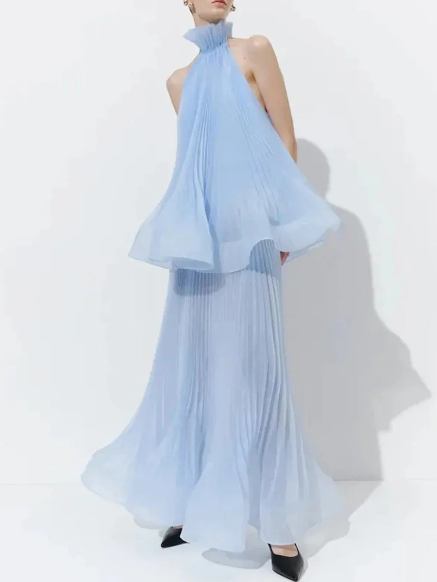 Ruffles Pleated High Neck Sleeveless Maxi Dress