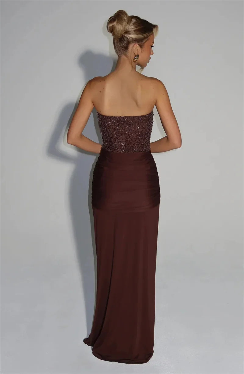 Sequin Strapless Draped Waist Evening Gown