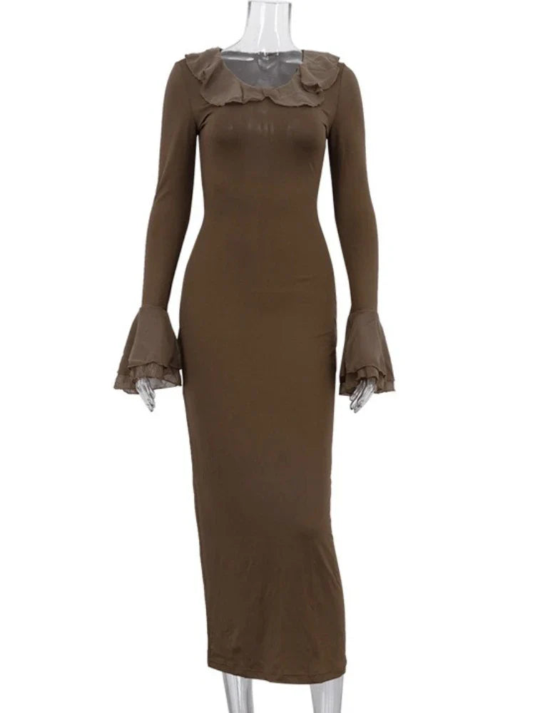 Brown Long Flare Sleeve Long Dress