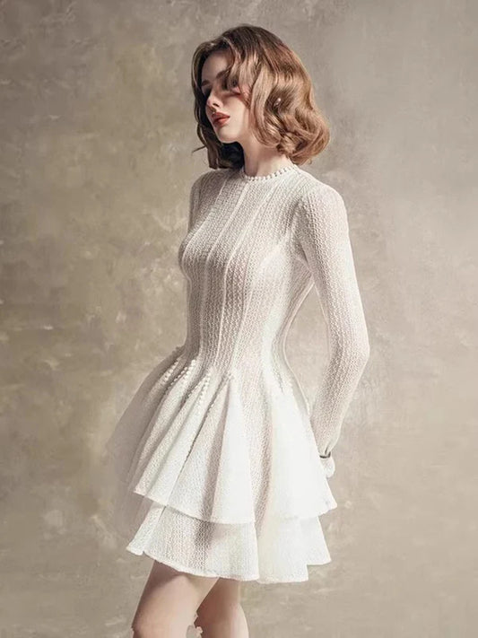 Lace Textured Embroidered Trim Mesh Flare Round Neck Mini Dress