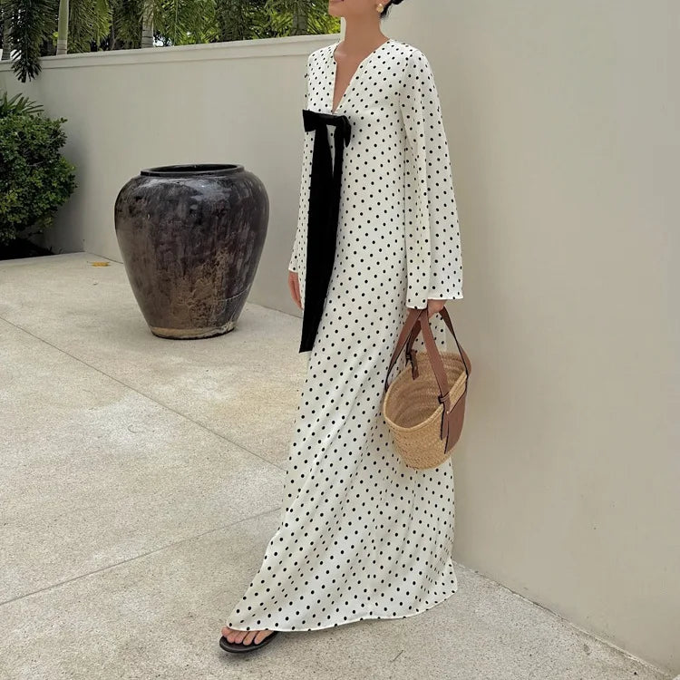 White Polka Dot Bow V-Neck Maxi Dress