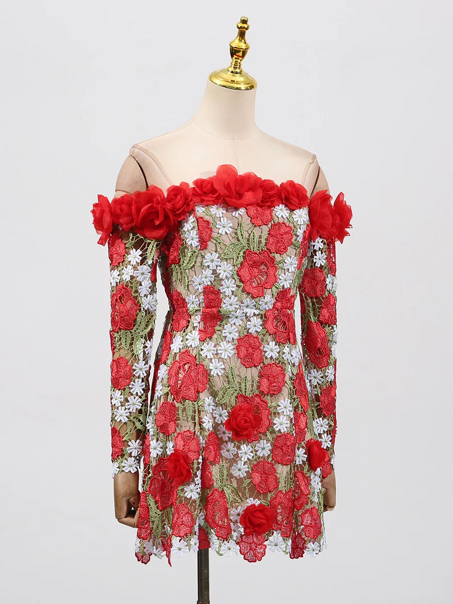 Red 3D Floral Appliqué Off-Shoulder Mini Dress | Summer Standout