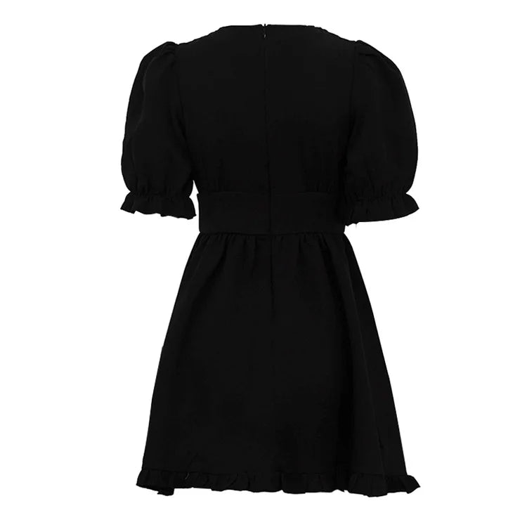 Elegant Black Puff Sleeve Mini Dress – Empire Waist Casual Fit
