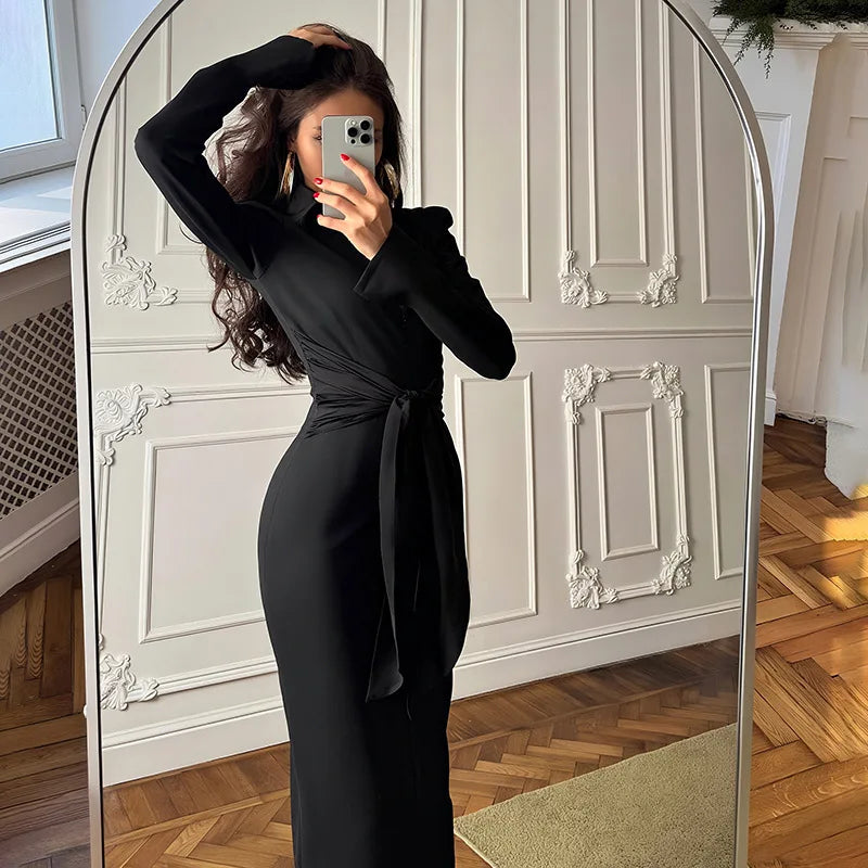 Long Sleeve Front Tie Up Maxi Dress