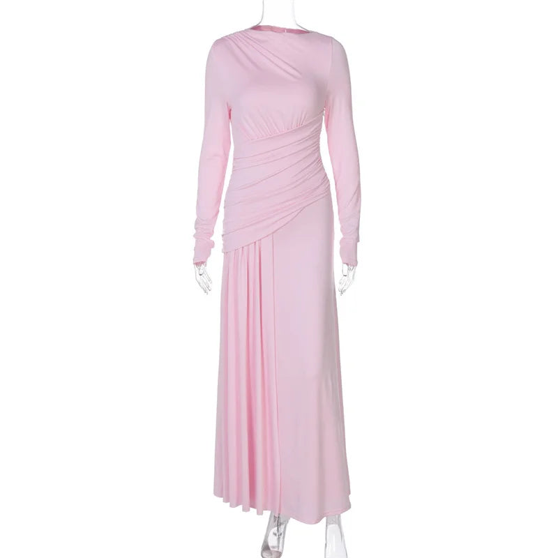 Irregular Pleated Long Sleeve Maxi Dress – O-Neck Floor-Length Silhouette