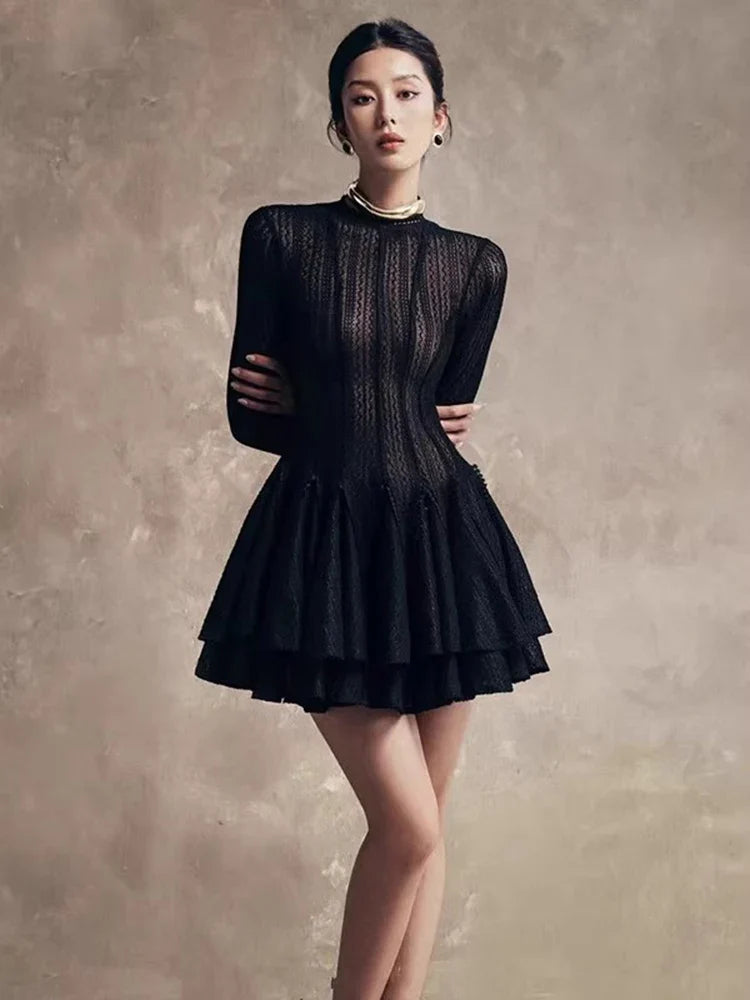 Lace Textured Embroidered Trim Mesh Flare Round Neck Mini Dress