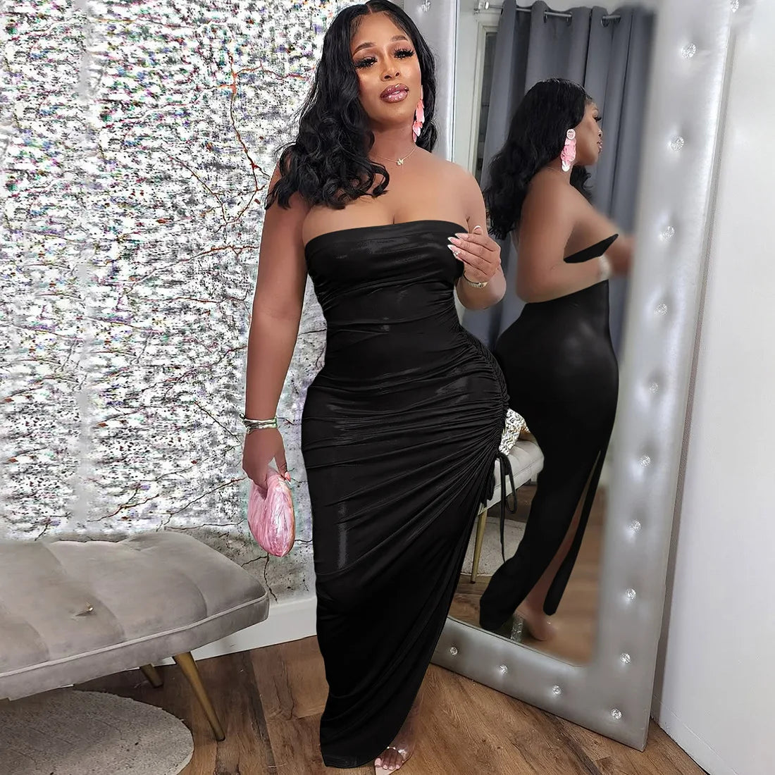 Metallic 2-Piece Set | Strapless Tube Bodysuit & Drawstring Skirt (Green, Silver, White, Black)