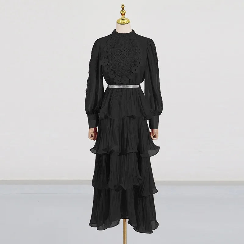 Red Lace Ruffle Maxi Dress | Tiered Layer Boho Party Gown