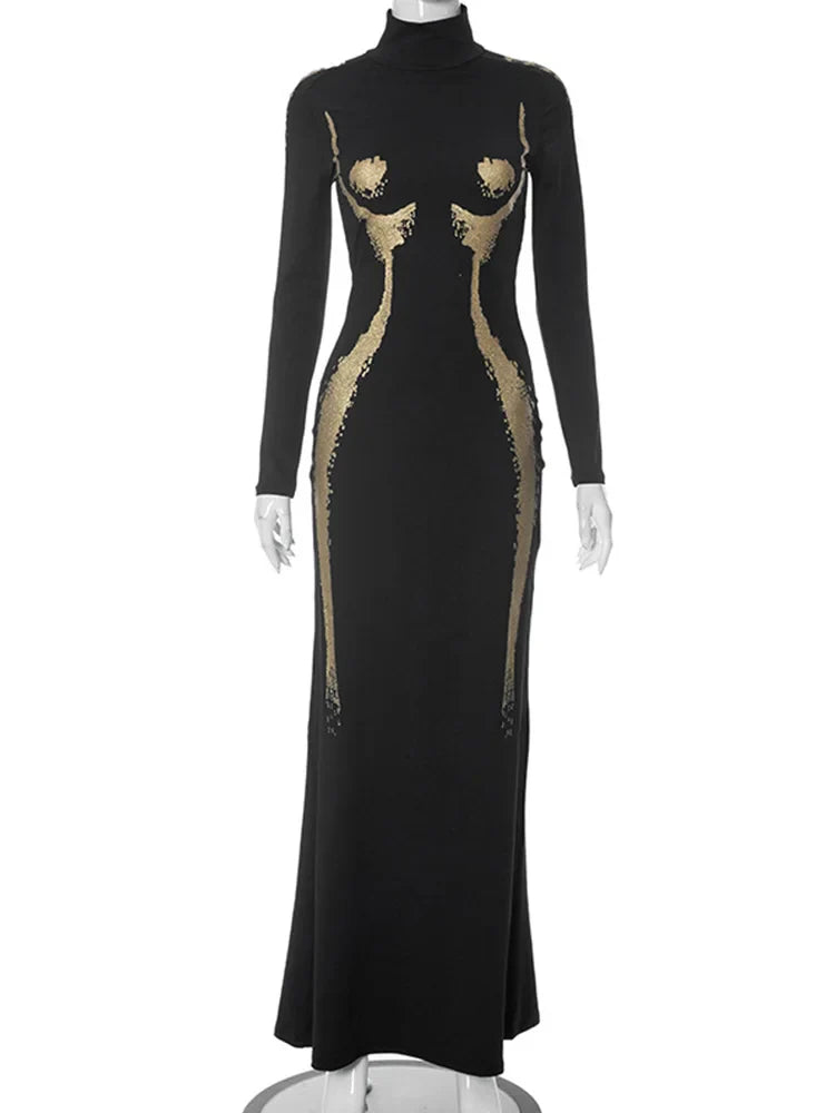 Black & Gold Human Body Illusion Maxi Dress – Luxe Turtleneck Gown