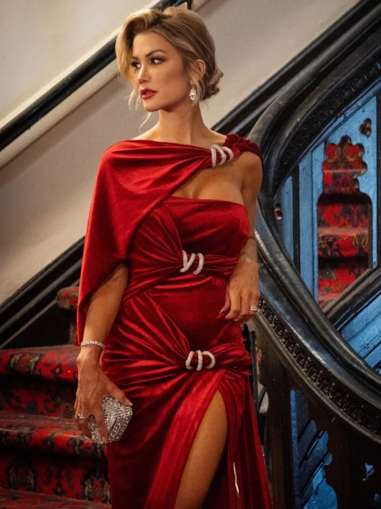 Red Velvet One-Shoulder Draped Gown with High Split