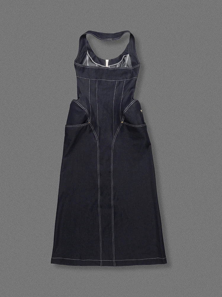 Denim Halter Neck Backless Maxi Dress
