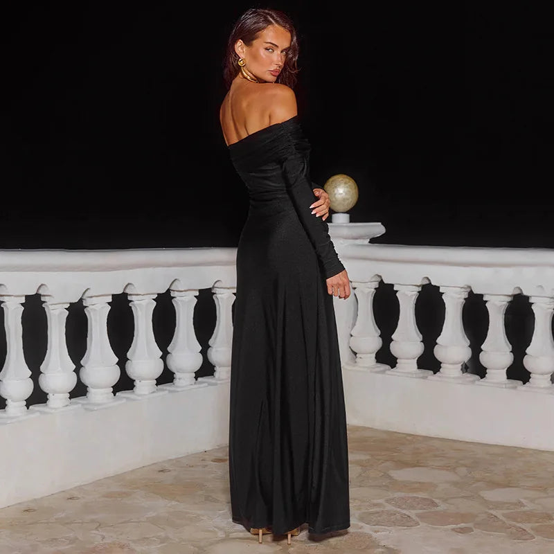 Black Off-Shoulder High Slit Maxi Dress