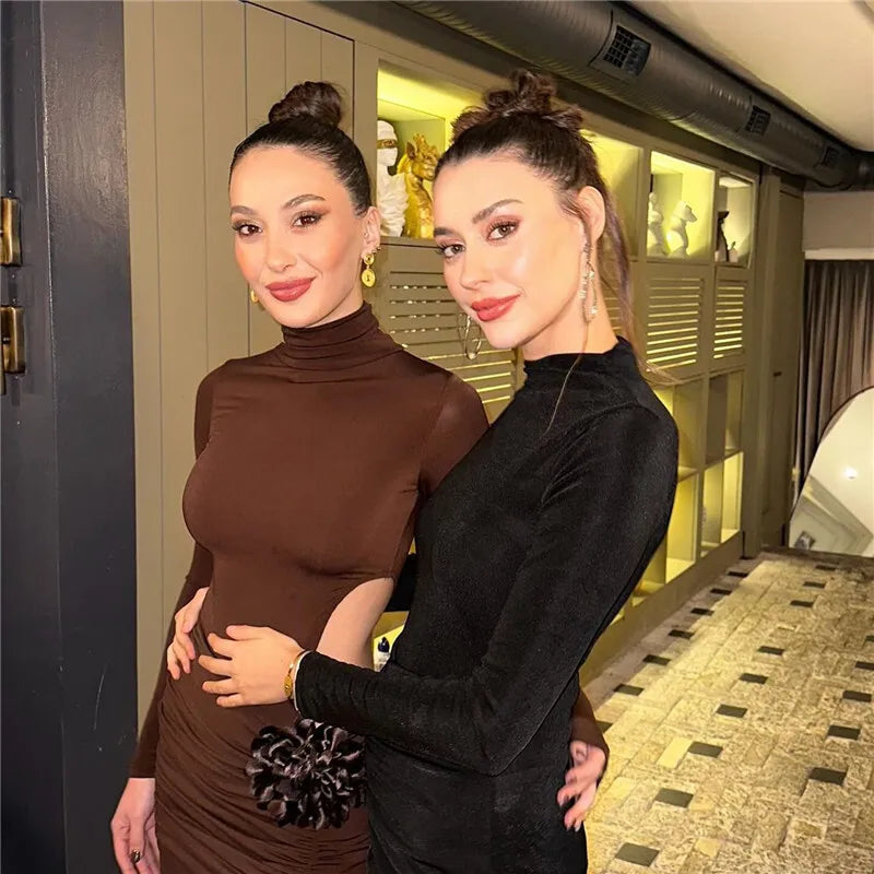 Turtleneck Long Sleeve Thigh High Slit Maxi Dress