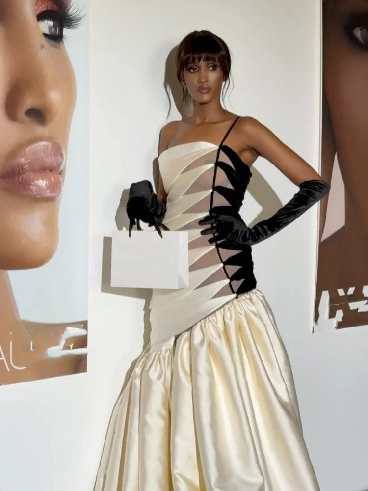 White Hollow Out Patchwork Maxi Dress & Gloves | One Shoulder Evening Gown