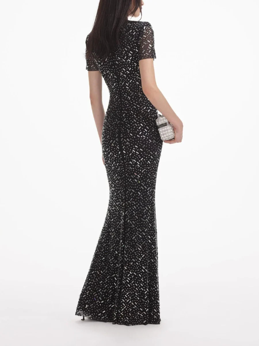 Black Beaded Sheath Dress | Elegant Short Sleeve Gown