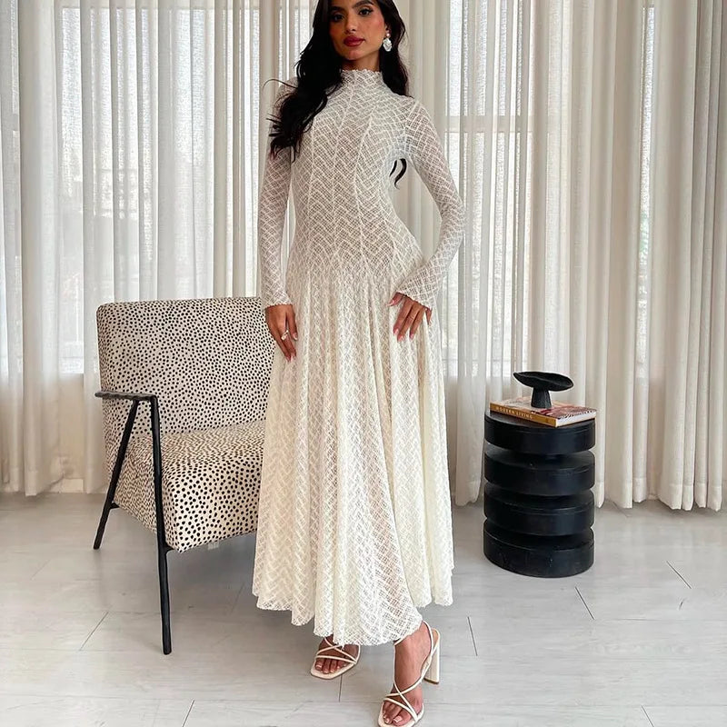 Lace Embroidery High Collar Long Sleeve Maxi Dress