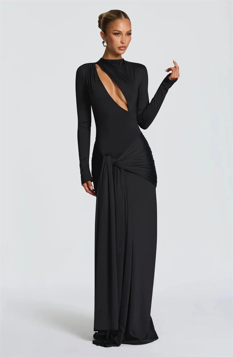 Draped Cut-Out Long Sleeve Evening Maxi Dress