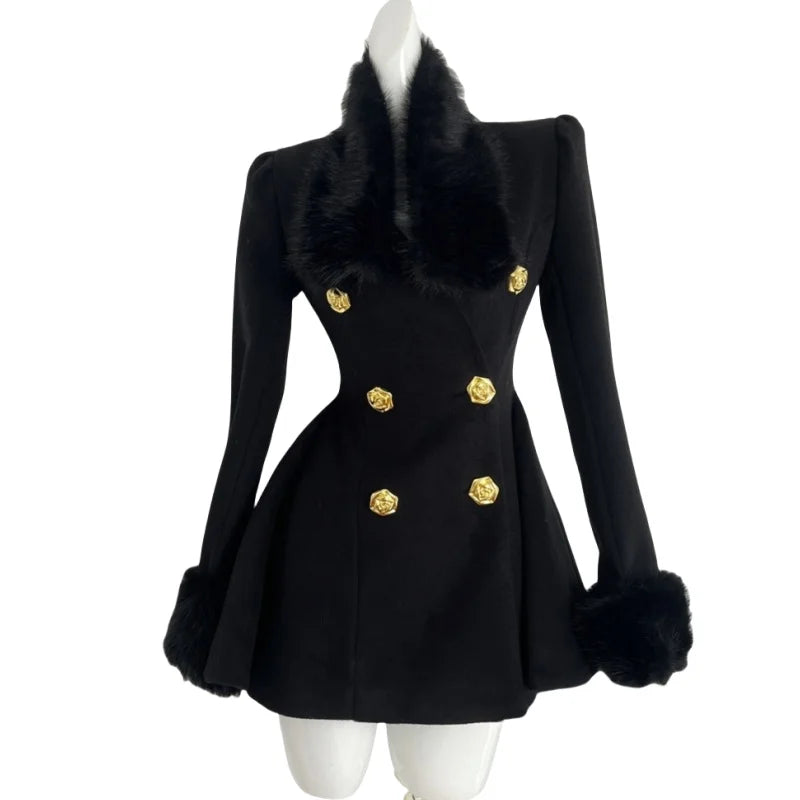 Faux Fur Collar Double-Breasted Wool Coat