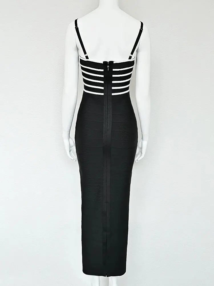 Black & White Bandage Midi Dress | Striped Sculpted Sheath