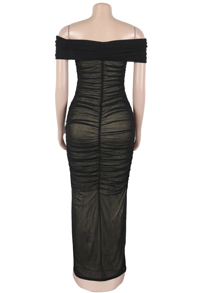 Luxe Goddess Ruched Mesh Maxi Dress - Off Shoulder Vacation Gown